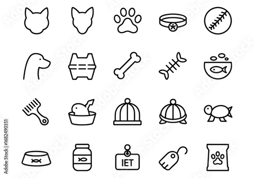 Pet Animal Icons Set Dog Cat Fish Bird Turtle Bone Bowl Collar Paw vector illustration