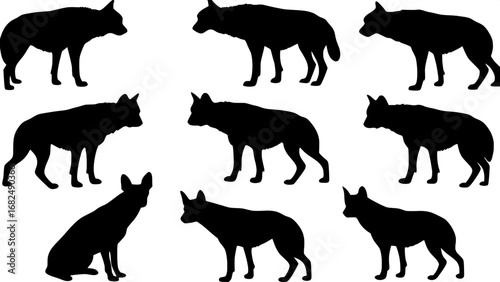 "Flat black silhouettes of hyenas and an African wild dog, simple outlines, no shading, minimalist art style, uniform lighting, evenly distributed grid arrangement.