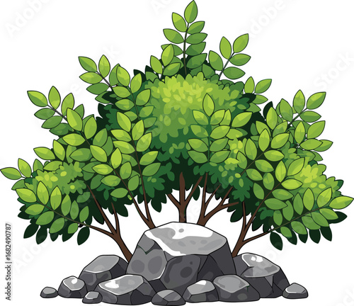 Green leafy bush with rocky base, natural shrubbery illustration, cartoon style, perfect for nature, garden, landscaping, environment, and outdoor design