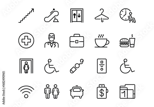 Set of public service and accessibility icons in outline style stairs escalator