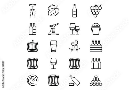 Wine Icons Set Bottle Barrel Grape Glass Corkscrew Crate Beer vector illustration