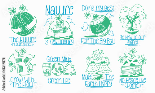 Sustainable living hand-drawn illustration collection, Eco-friendly graphic t-shirt print set, Ecology and environmental protection graphic, Environment and recycle poster designs bundle 