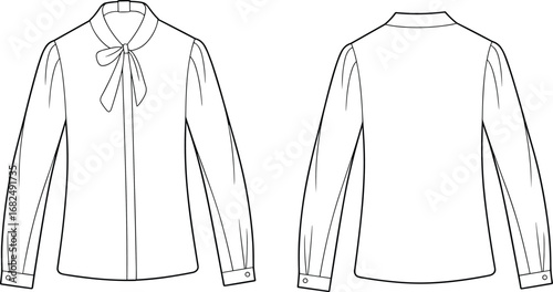 Long sleeve blouse flat sketch, fashion technical drawing, women’s shirt with bow tie collar, front and back view, garment design