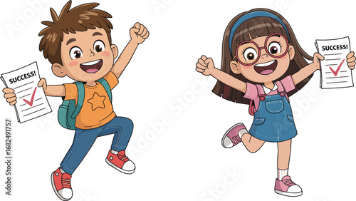 Happy kids cartoon illustration, school success celebration, boy and girl holding report cards, academic achievement, student victory, education concept