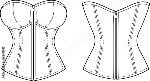 Women’s corset flat sketch, fashion technical drawing, bustier top design, strapless lingerie, front and back view, clothing template