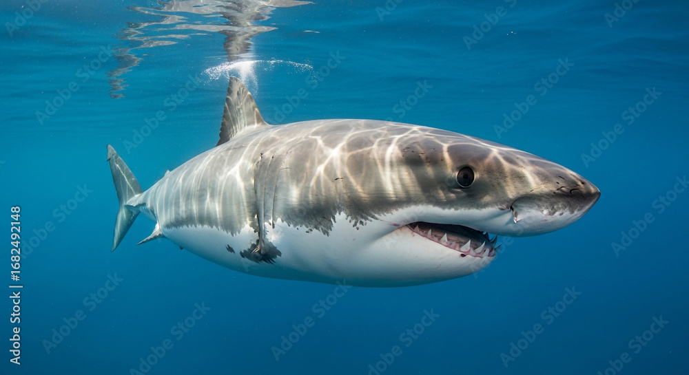 Fototapeta premium Powerful great white shark glides through crystal blue ocean water, a magnificent predator in its natural habitat.