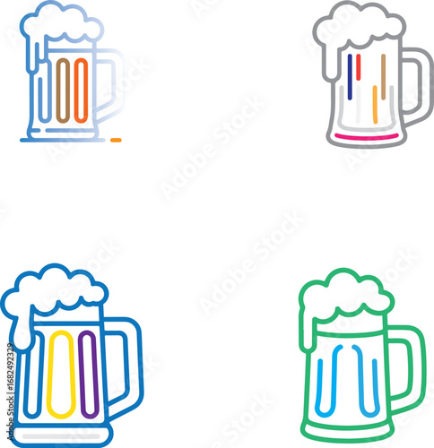 Colorful beer mugs with frothy tops drink beverage
