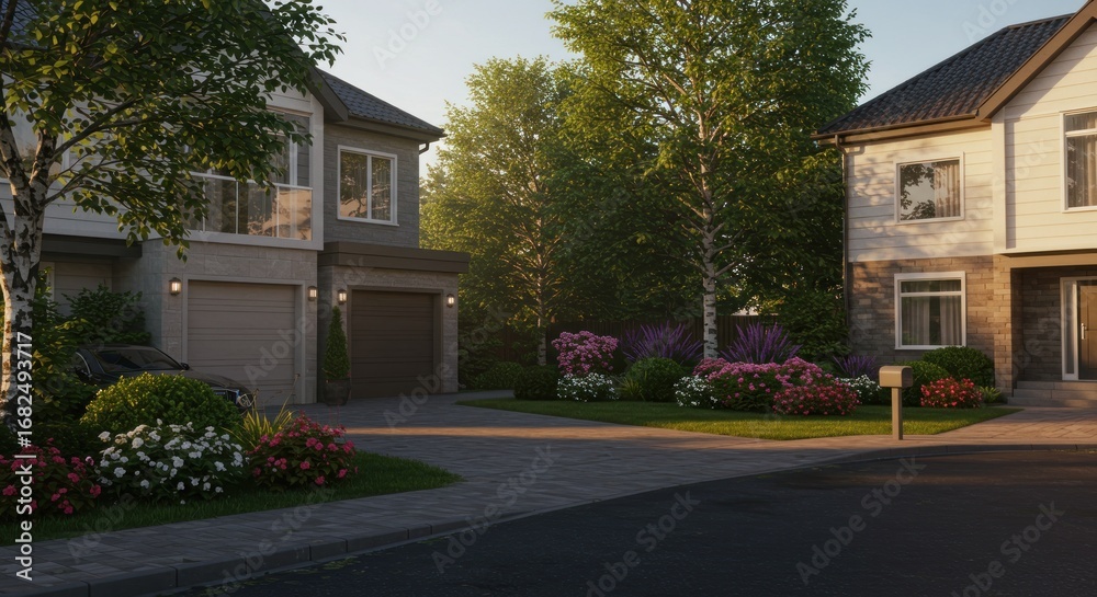 Fototapeta premium Suburban street with modern homes manicured lawns and lush greenery