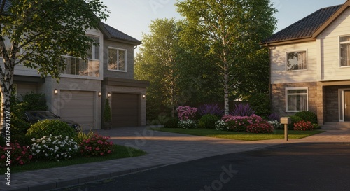 Suburban street with modern homes manicured lawns and lush greenery