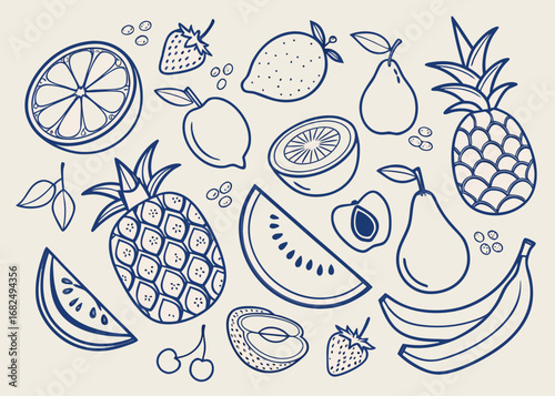 Vibrant hand drawn fruit assortment with bananas and peaches