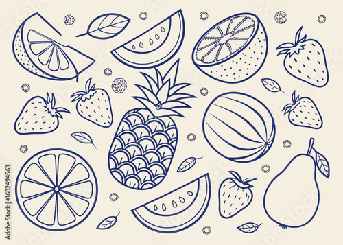 Blue Outline Illustration of Mixed Fruits and Leaves