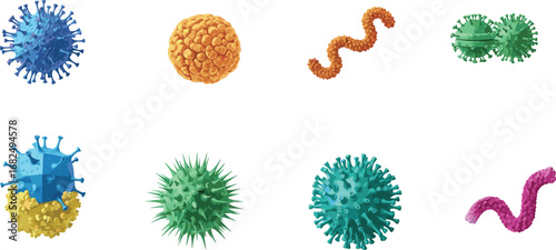 Virus and bacteria vector illustrations, 3D medical microbes set, colorful pathogen icons for science, infection, healthcare, disease design