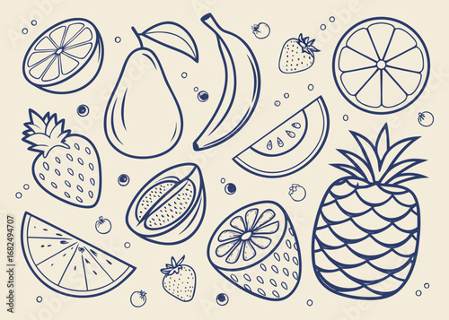 Assorted fruits in a scattered pattern with line art style