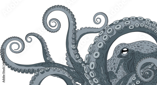 Gripping octopus tentacles with detailed suckers and watchful eye reaching out from the deep sea