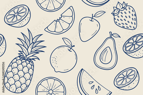 Hand drawn fruit pattern with pineapple orange and strawberry