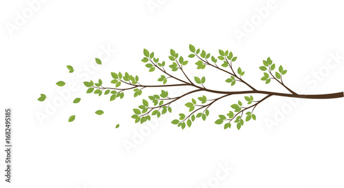 Vibrant green leaves gently sway on a tree branch, evoking a fresh, natural spring ambiance.