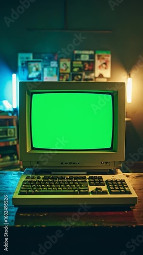 Vintage computer with bright green screen sits on a worn wooden desk in a dim room