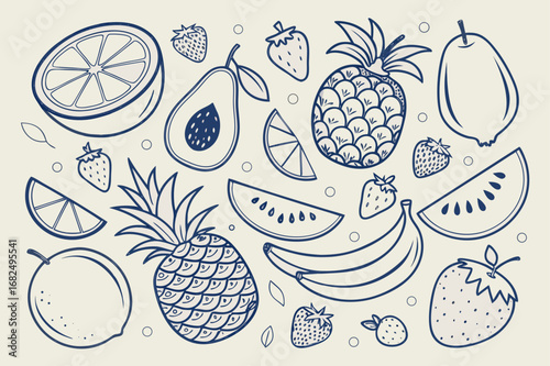 Assorted Hand Drawn Fruits And Citrus Slices On Beige Background