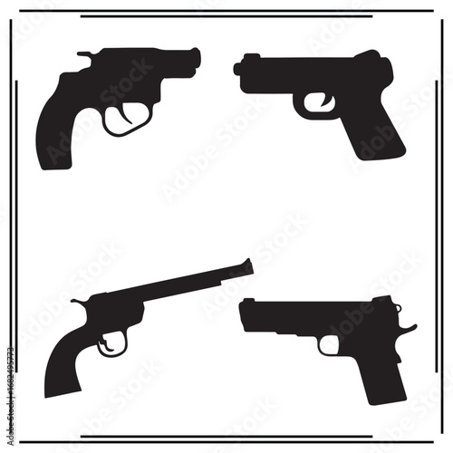 Silhouettes of Guns, Black Pistol Illustrations, Handgun Vectors, Revolvers and Firearms, Weapon Icons, Black Gun Art, Firearm Graphics, Shooting Range Illustrations