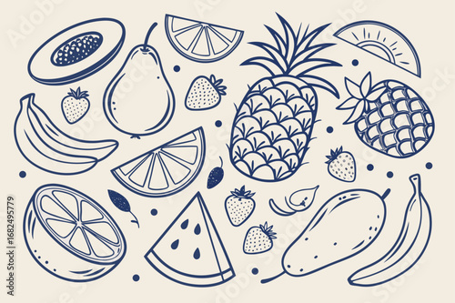 Various Hand Drawn Fruits Outline Pattern strawberry
