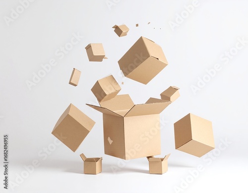 A disorganized stack of cardboard boxes in various sizes, with one box flaps ajar, revealing its contents peeking out, set against a neutral background.