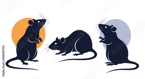 Three dark silhouette rats with stylized circles behind them convey curiosity and alertness