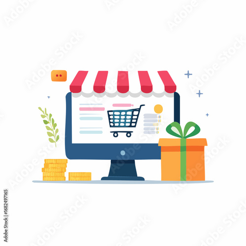 Flat minimal shopping cart, delivery, and payment icons vector
