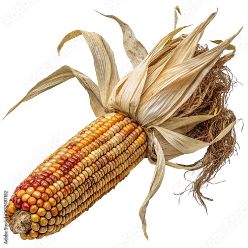 Vibrant, colorful corn on the cob with husk and roots, perfect for autumn harvest themes and food concepts