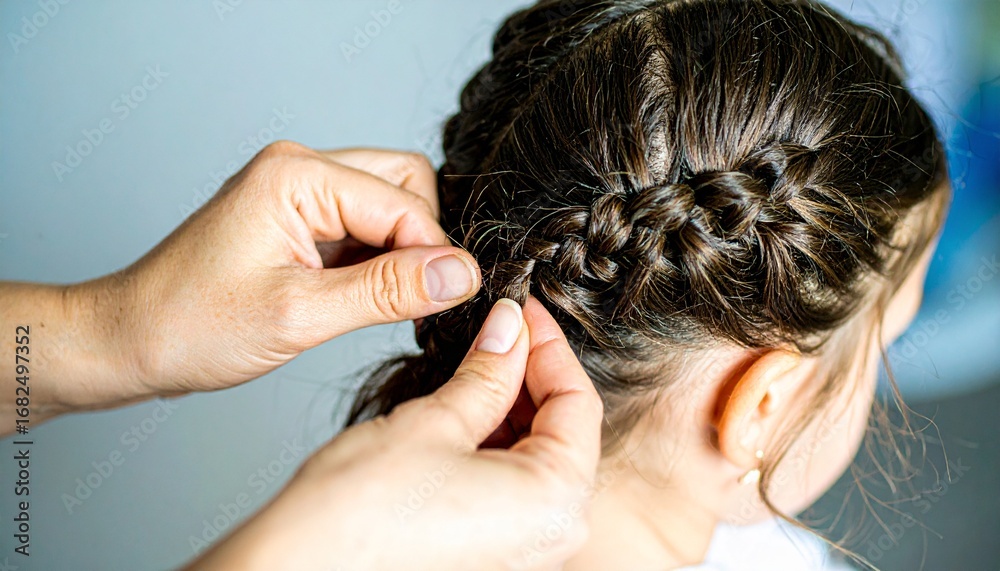 Naklejka premium Hands meticulously braid a young girl's hair into an intricate updo style, showcasing detail and care.