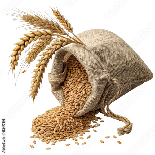 Freshly harvested wheat grains spilling from a burlap sack with golden wheat stalks, ready for baking