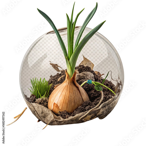 Growing onion plant in a glass terrarium with soil and leaves, nature and gardening concept