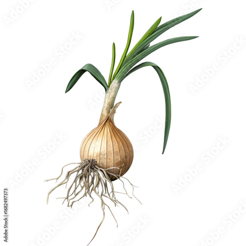 Freshly harvested onion with roots and green leaves, ideal for culinary and healthy eating concepts, isolated