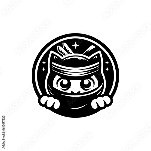 Ninja cat logo design. Black and white illustration.