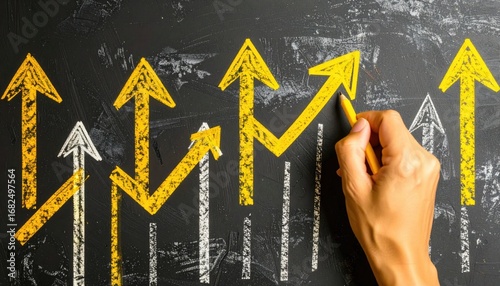 Hand-drawn arrows on a chalkboard show upward trends, some highlighted in gold, against a textured dark background