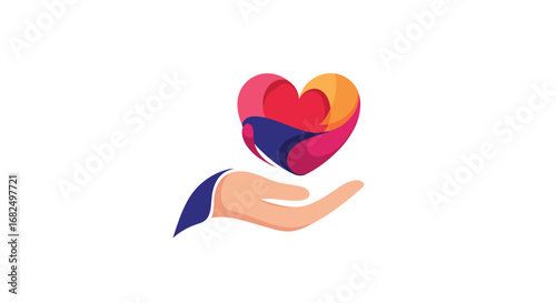 Vibrant heart graphic held gently in caring hands, symbolizing love, wellness, and support
