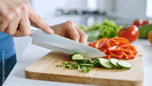 Close-up of hands using a sharp knife to cut fresh green cucumber slices on a wooden chopping board.