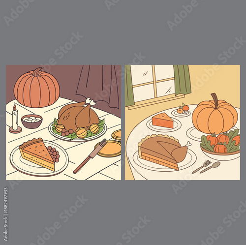 “Vector flat illustration of Thanksgiving dinner table with turkey, pumpkin pie, and harvest vegetables, family celebration theme.”
