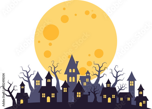Spooky halloween night scene with haunted houses, bare trees and a full moon for holiday season concepts