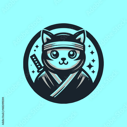 Ninja cat ready to fight with a sword in a circle.
