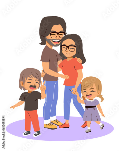 Cheerful cartoon illustration of a happy Spanish family with four members, including parents and two children. Drawing lifestyle projects, cultural topics, family and parenting