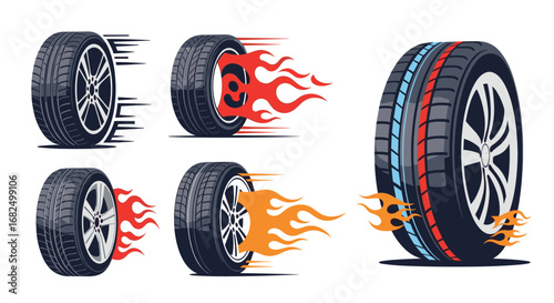 Dynamic racing tires with fiery motion blur and speed lines for automotive advertising