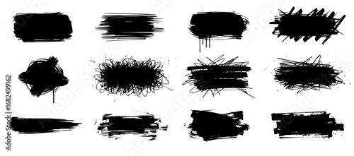 Bold black brush strokes with splatters, scribble texture, spray paint, grunge style. Dried stencil smear, ink stains with paint drips and dirty scribbles for logo, text. Vector grunge graphic set