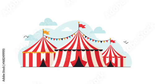 Vibrant circus tents with festive flags create a lively atmosphere for outdoor entertainment