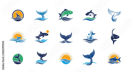 Dynamic fish and whale tail logos capture ocean energy and aquatic adventures