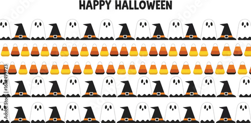 A festive halloween border featuring ghosts, witch hats, and candy corn for a fun and spooky celebration