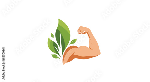 Strong arm flexing with green leaves symbolizing natural power and healthy growth