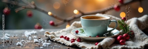 Empty plate, coffee, bare Christmas branch Rustic morning scene , winter, stock