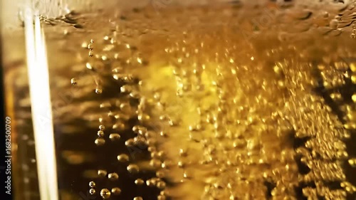 A detailed macro shot of sparkling bubbles rising in a golden carbonated beverage.