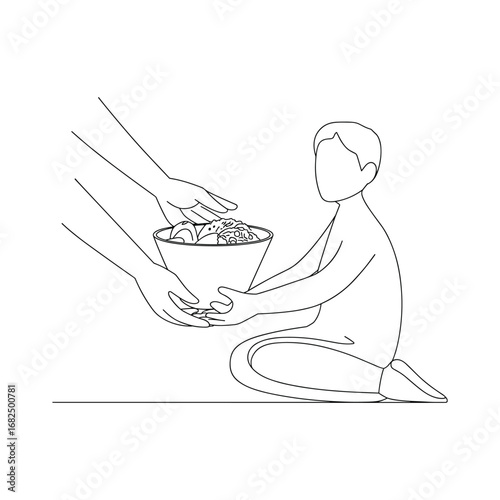 Kind hands offer food to a child kneeling a gesture of generosity and compassion and sharing white background