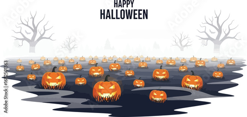 Happy Halloween, pumpkins with scary faces glowing, a spooky autumn holiday celebration